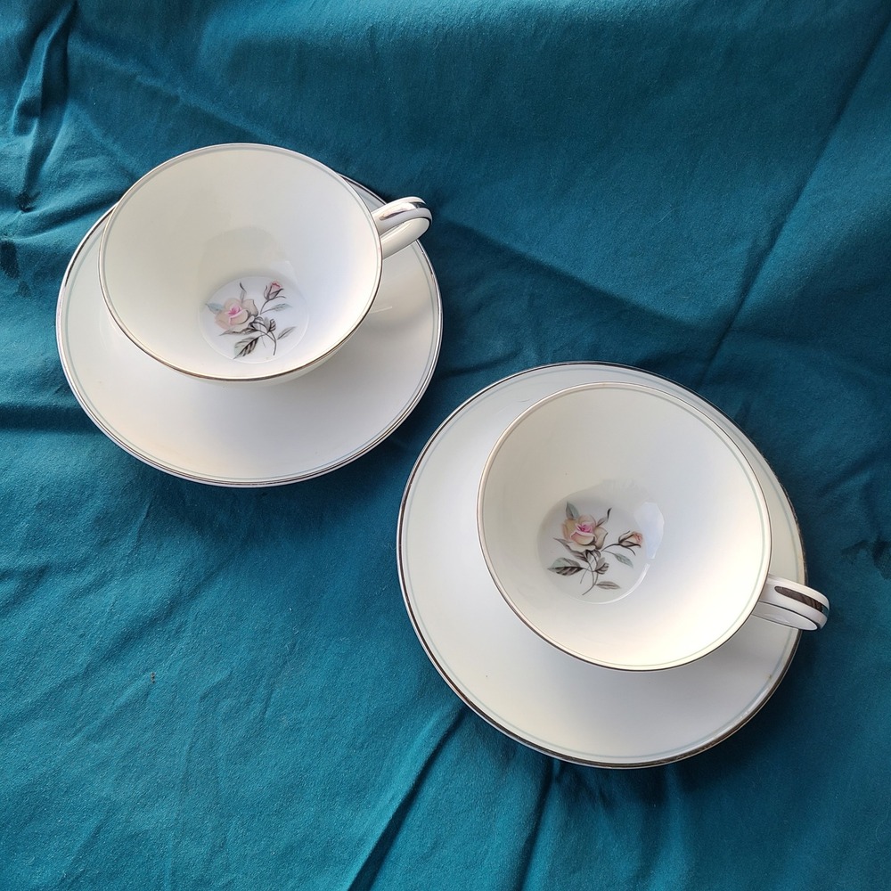 Noritake Margot 5605 Tea Cups Saucers Set of 2 White Pink Rose MCM Vintage Japan